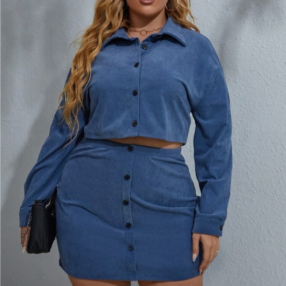 Plus Solid Corduroy Crop Jacket & Skirt